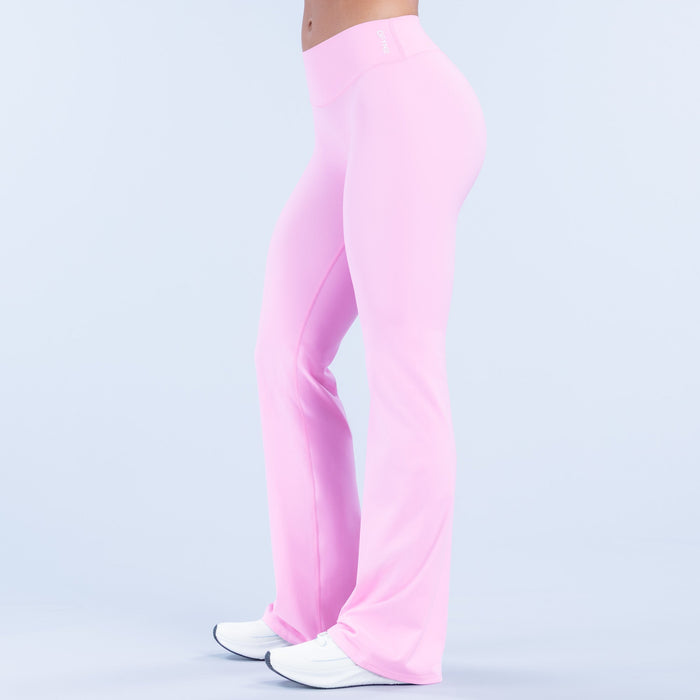 Light pink flared pants with high-rise waistband, side-to-back view