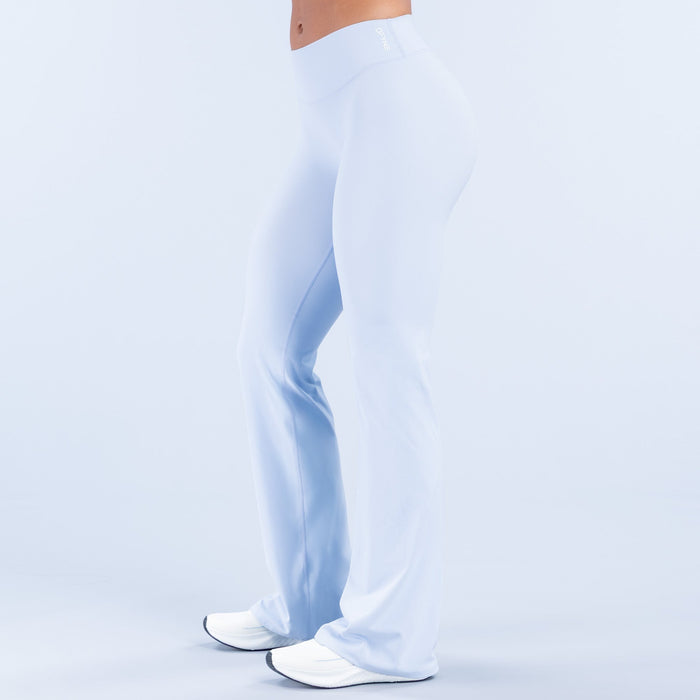 Light blue flared pants with long wide-leg silhouette