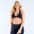 Black halter triangle sports bra with crisscross front
