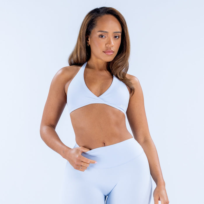 Light blue halter bralette with V-neck front