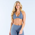 Blue halter bra with V-neck triangle cups and adjustable halter straps