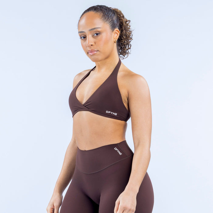 Dark brown halter triangle bra with adjustable straps and small logo label