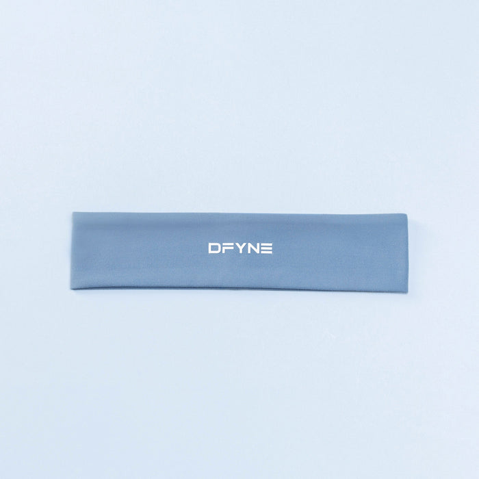 Blue-gray Origin headband flat with centered DFYNE logo