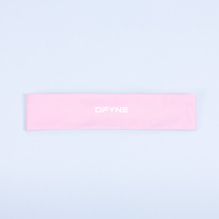 Pink fabric headband with centered DPYNE logo
