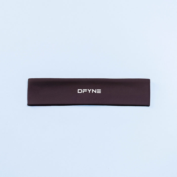 Flat dark burgundy DFYNE headband with centered logo