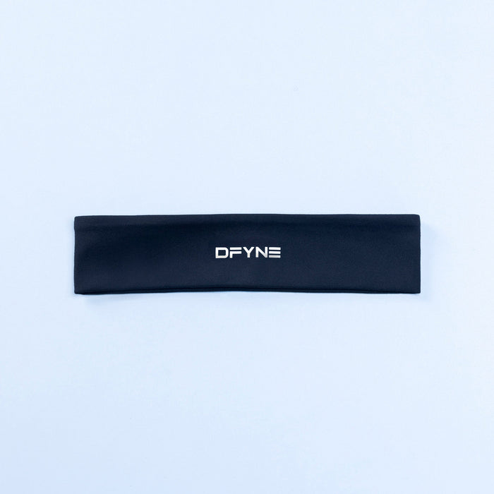 Wide DFYNE logo headband in dark navy, flat stretch band