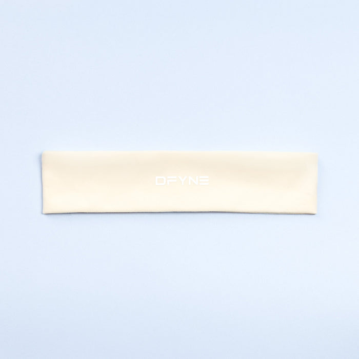 Light beige fabric headband with raised logo centered