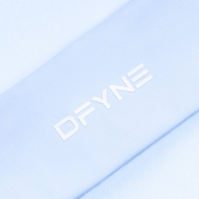Light blue headband with raised DFYNE text logo on the fabric