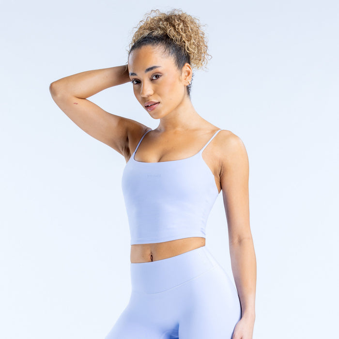 Light blue strappy crop top, fitted with thin spaghetti straps and square neckline