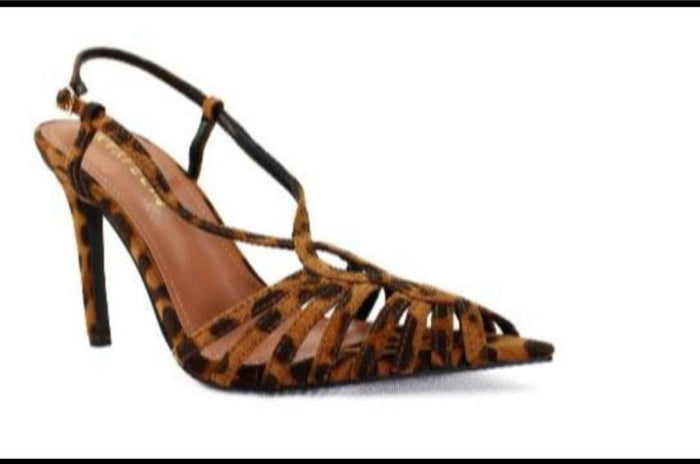 Oysta Leopard Print Caged Slingback Stiletto Heel Sandal