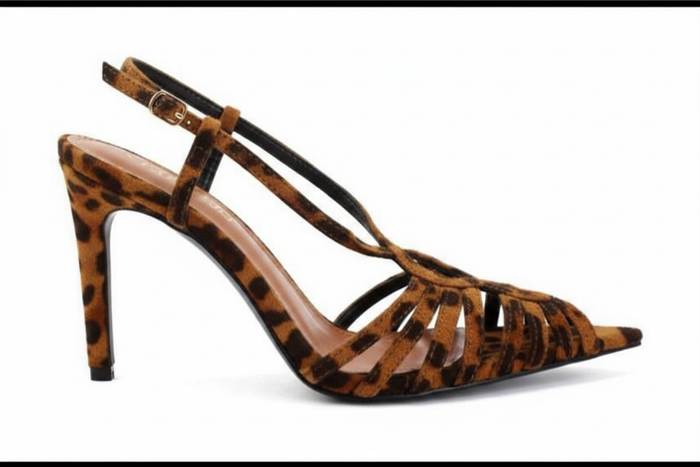 Oysta Leopard Print Caged Slingback Stiletto Heel Sandal