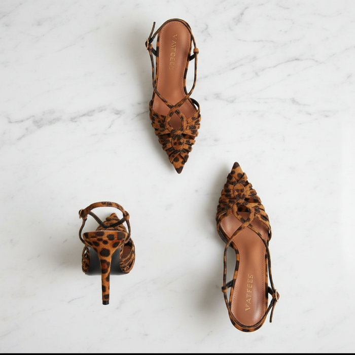 Oysta Leopard Print Caged Slingback Stiletto Heel Sandal