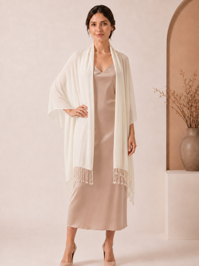 Pashmina Shawl With Beaded Tassels - Vanilla - Model Image 2