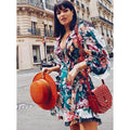 Pleated stitching printed linen mini dress openwork waist sexy V-neck 2019 Bohemia dress