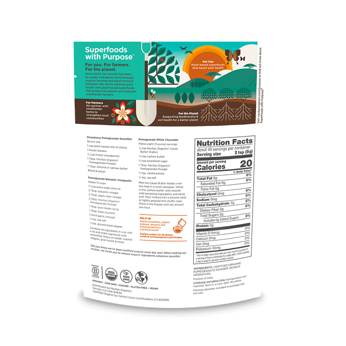 Image of a nutritional label on a package of Navitas Organics 8oz Pomegranate Powder. The label includes detailed nutrition facts, serving size, and various health benefit icons along with decorative plant and nature illustrations.