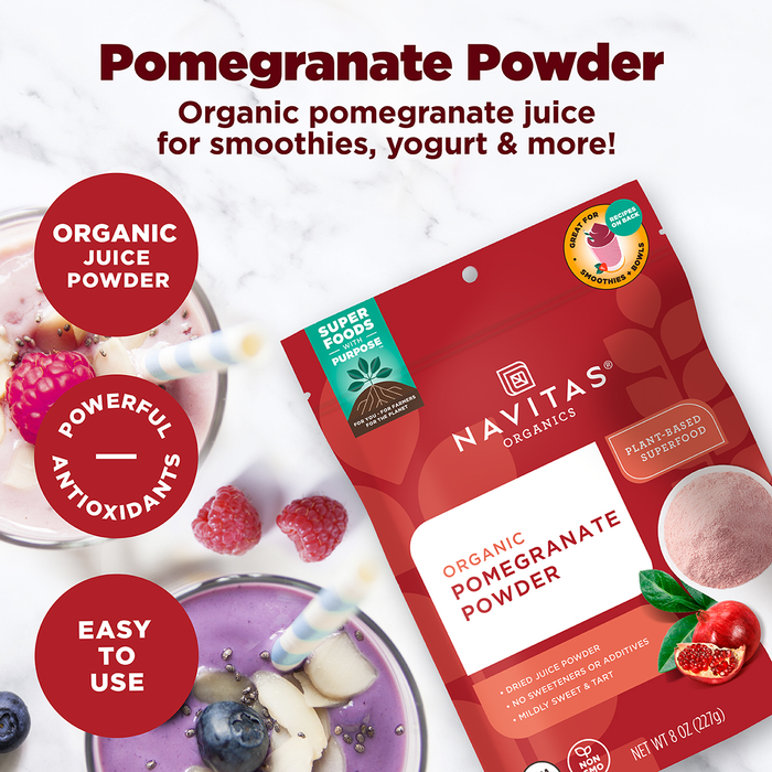 Promotional image for Navitas Organics Pomegranate Powder, highlighting the product's benefits as a powerful antioxidant and its ease of use for smoothies, yogurt, and more. The packaging is displayed alongside dishes of smoothies garnished with fruits.