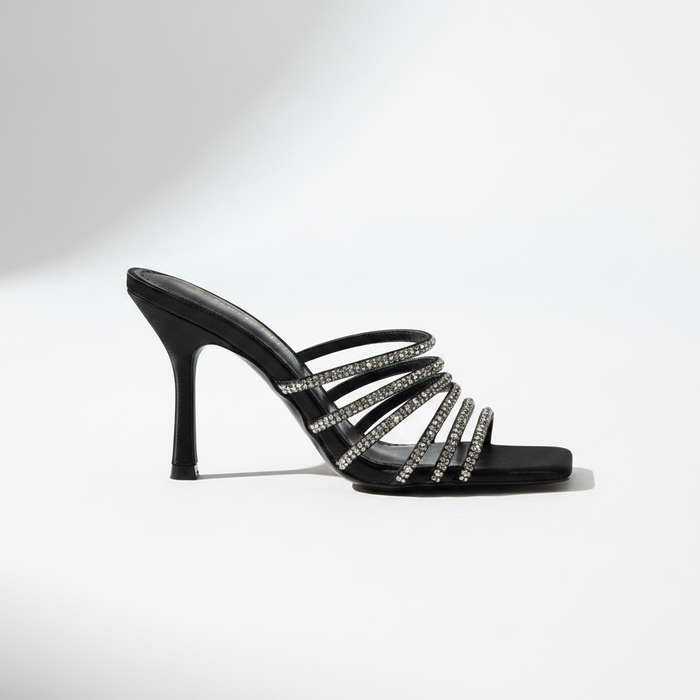 Prom Black Rhinestone Multi-Strap Mule Heels | Evening Stiletto Sandals