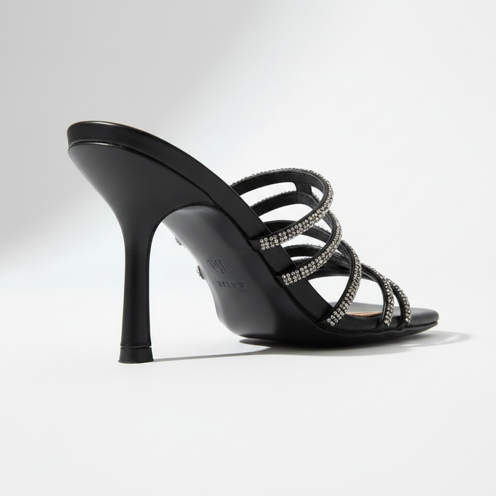 Prom Black Rhinestone Multi-Strap Mule Heels | Evening Stiletto Sandals
