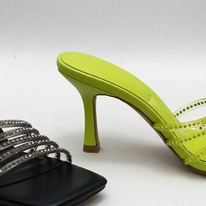 Green Rhinestone Multi-Strap Mule Heels | Evening Stiletto Sandals