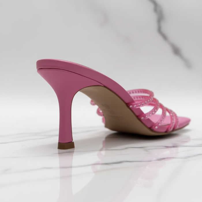 Pink Rhinestone Multi-Strap Mule Heels | Evening Stiletto Sandals