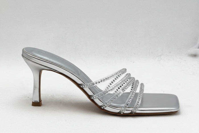 Silver Rhinestone Multi-Strap Mule Heels | Evening Stiletto Sandals