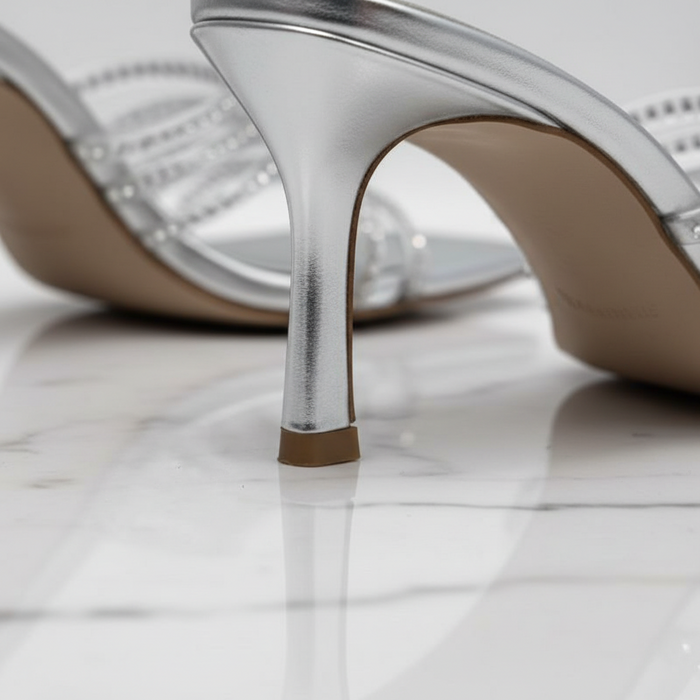 Silver Rhinestone Multi-Strap Mule Heels | Evening Stiletto Sandals