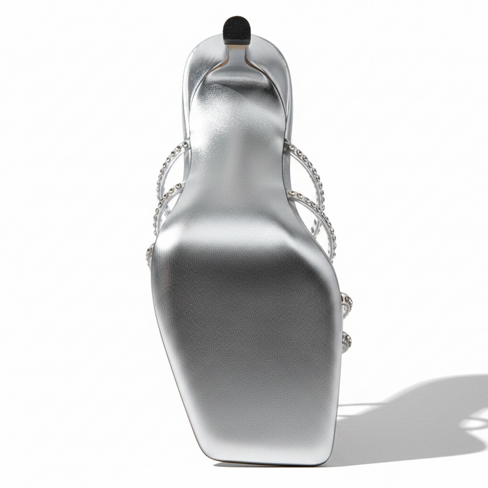 Prom Silver Rhinestone Multi-Strap Mule Heels | Evening Stiletto Sandals