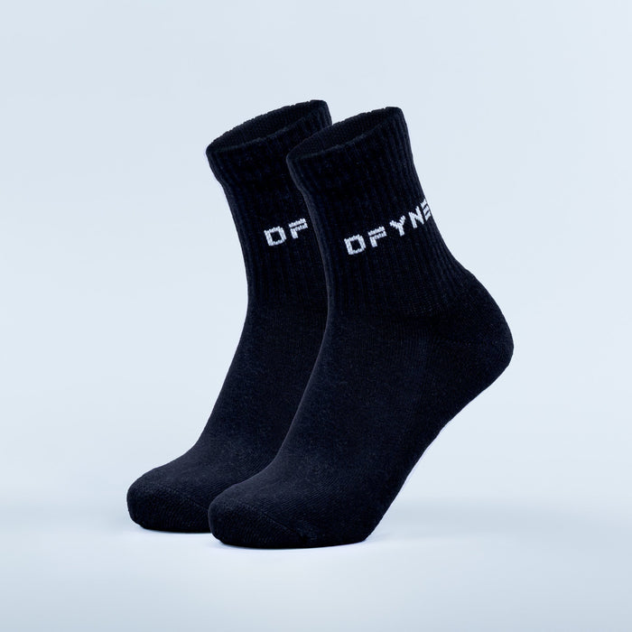 Quarter socks in dark navy with white logo text on the cuff