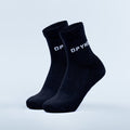 Quarter socks in dark navy with white logo text on the cuff