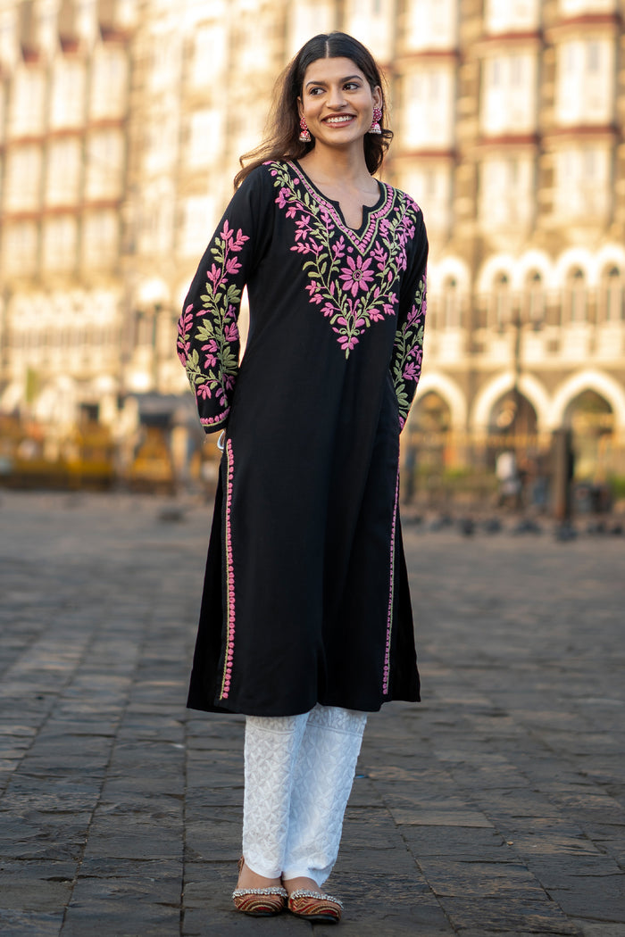 Rayon Chikankari Embroidered Kurta In Rayon - Black