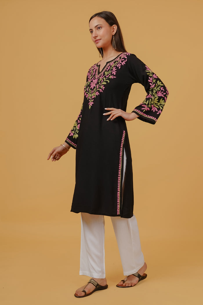 Rayon Chikankari Embroidered Kurta In Rayon - Black