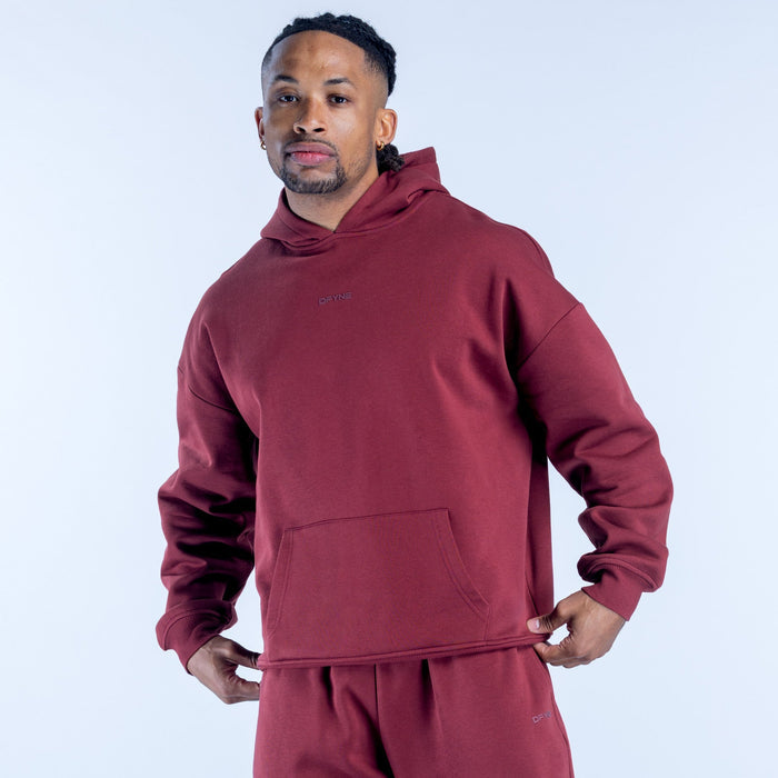 Burgundy graphic hoodie with front kangaroo pocket and adjustable drawstring hood