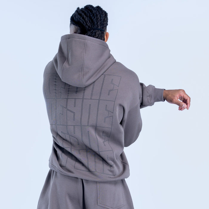 Dark gray hoodie with geometric back graphic and hooded neckline