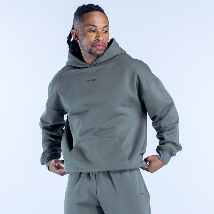 Olive pullover hoodie with small front logo and pouch pocket