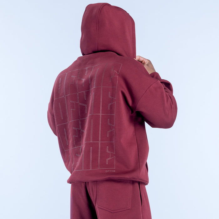 Burgundy hoodie with large back graphic panel and hood
