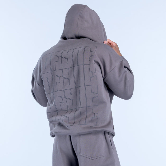 Dark gray hoodie with large geometric logo graphic on back and kangaroo pocket
