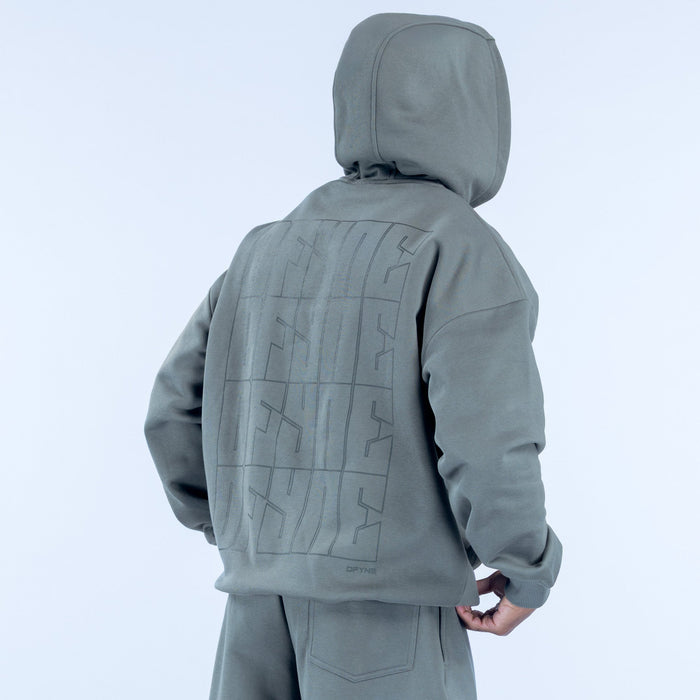 Olive hoodie back view with geometric graphic across shoulders and upper back