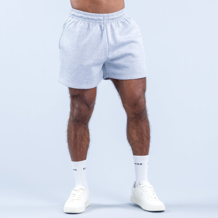 Light blue heather graphic shorts with elastic waistband and drawstring