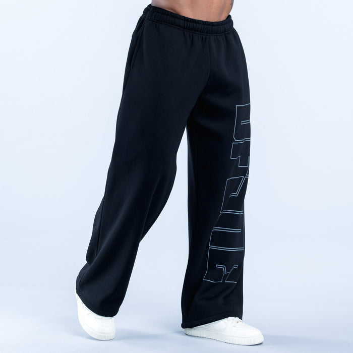 Black straight-leg joggers with blue geometric graphic along one leg