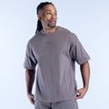 Gray crewneck graphic t-shirt with small chest logo