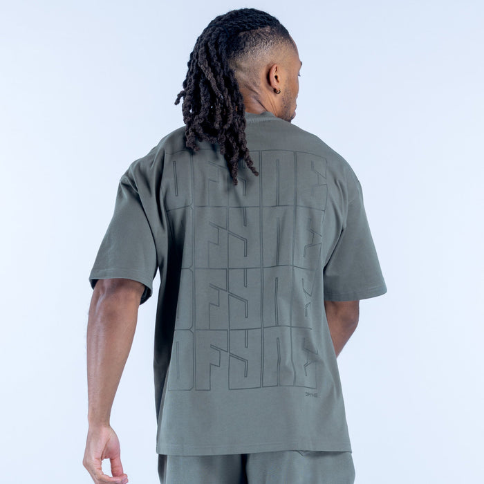 Men's olive green graphic t-shirt with large back geometric print