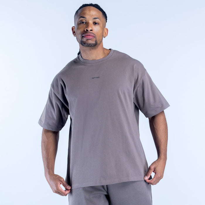 Gray crewneck graphic t-shirt, short sleeves, small chest logo