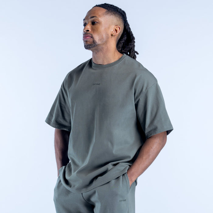 Men's olive green graphic t-shirt with small front logo