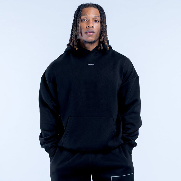 Black pullover hoodie with hood and kangaroo pocket, small chest logo detail