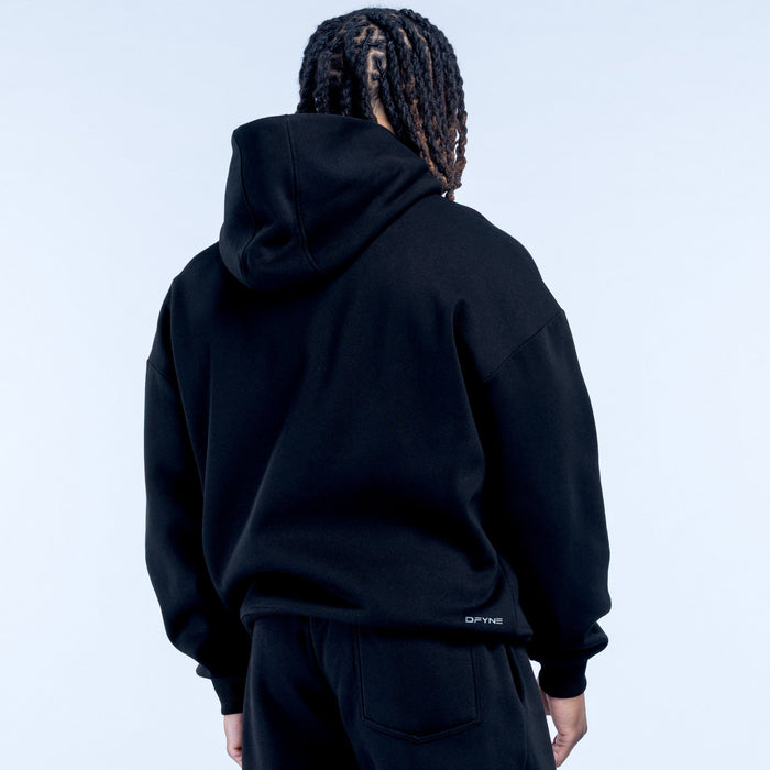 Black hoodie back view with hood and small hem logo, long sleeves
