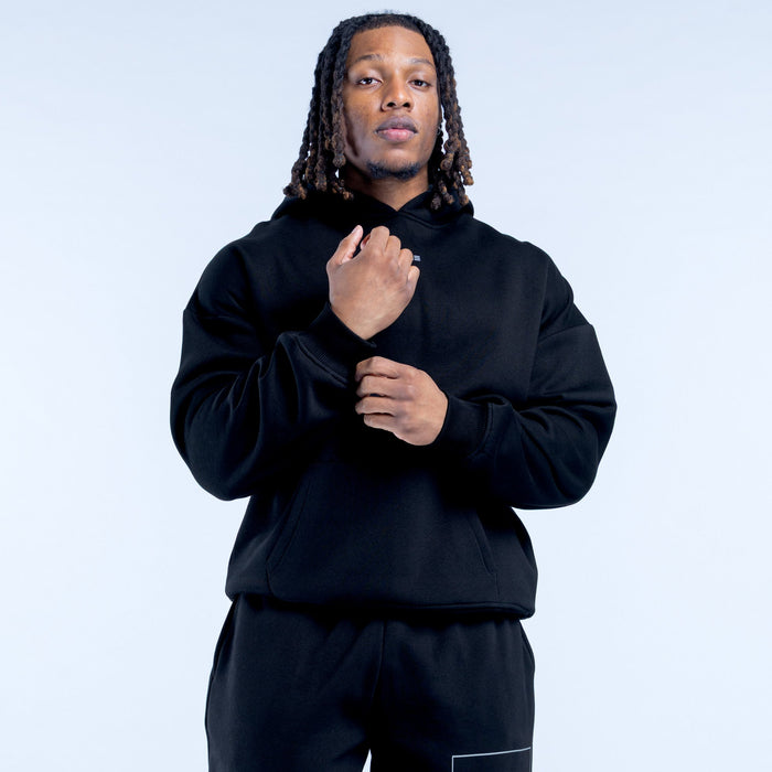 Black pullover hoodie with drawstring hood and kangaroo pocket, front logo detail