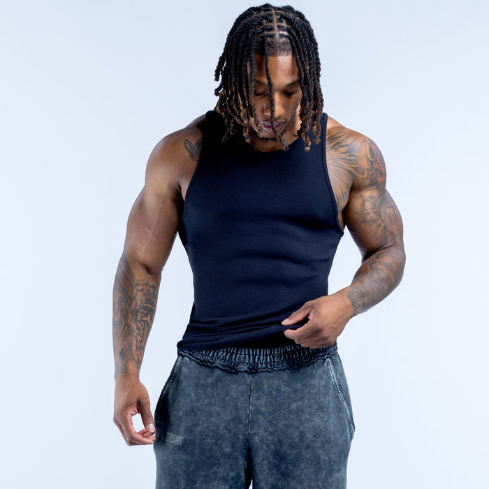 Navy ribbed sleeveless vest with slim fit and crew neckline