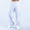 Light blue straight-leg cargo joggers with elastic waistband and front drawstring