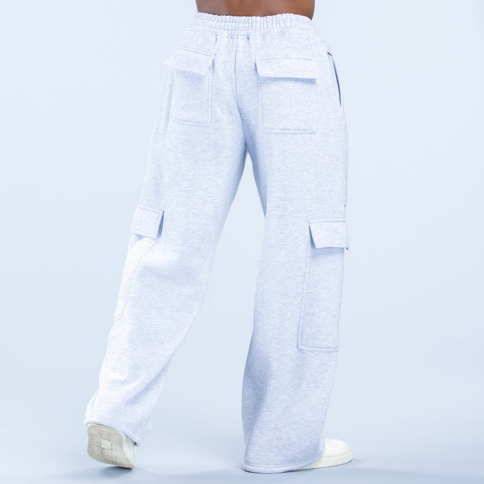 Light blue straight-leg cargo joggers with side cargo pockets and elastic waistband