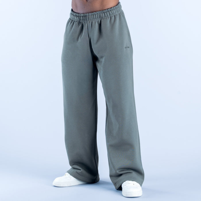 Sage green straight-leg joggers with elastic waistband and clean straight hem
